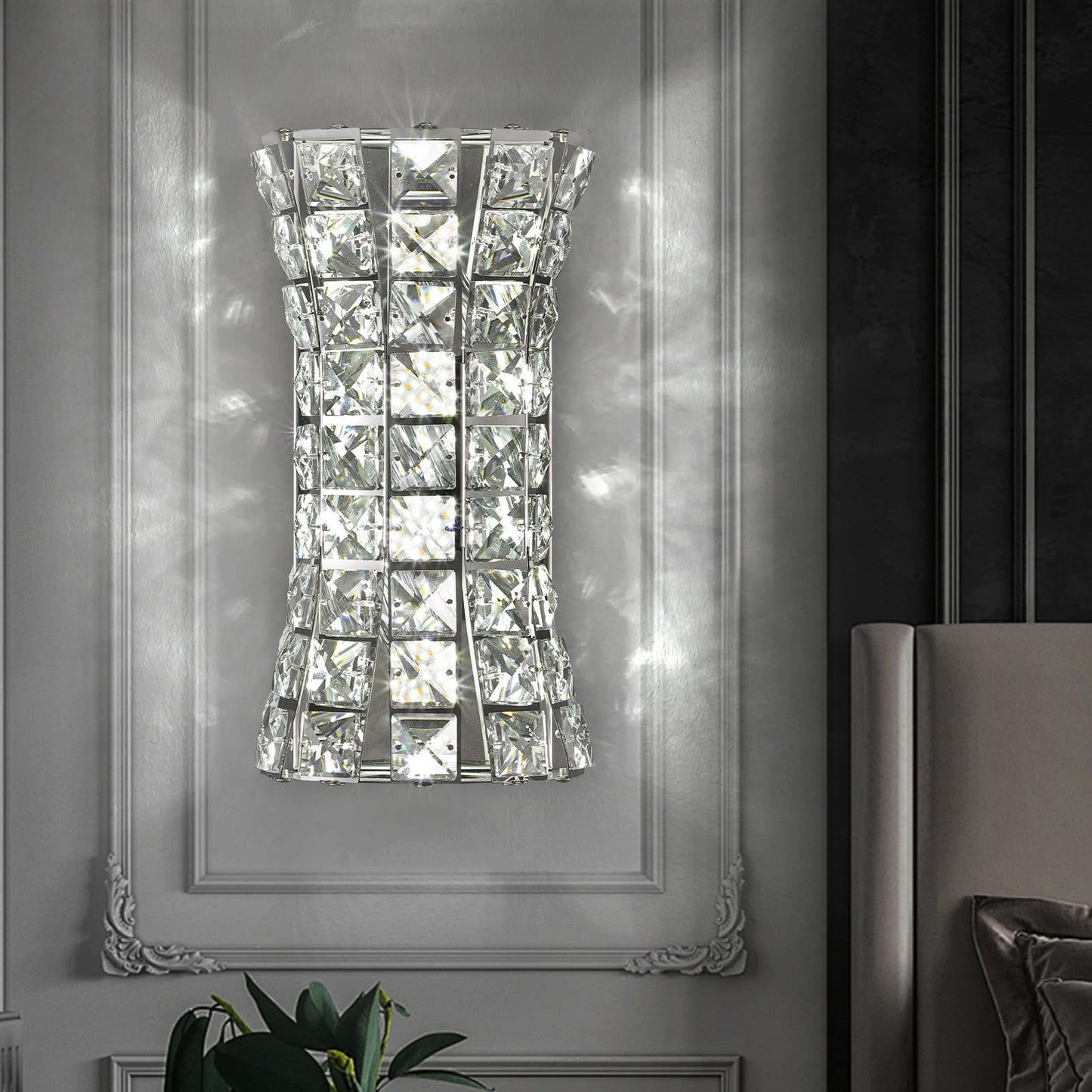 Kaiyuan Crystal Wall Light Fixtures,Modern Chrome Wall Lamp with Clear K9 Crystals,Luxury Crystal Wall Sconces for Living Room Bedroom Bathroom Hallway Doorway Stairway,Bedside