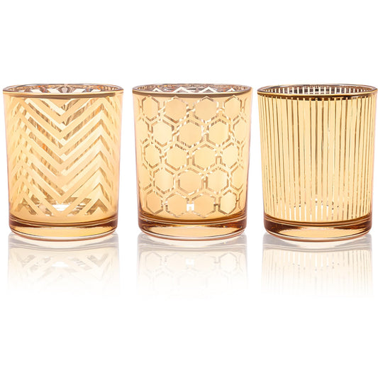 Toptime Tea Lights Candle Holder, Gold Votive Candle Holders Set of 3, Glass Tealight Holders with Geometric Stripe Wave Pattern, Centerpiece Table Decorations for Wedding Birthday Party Supplies