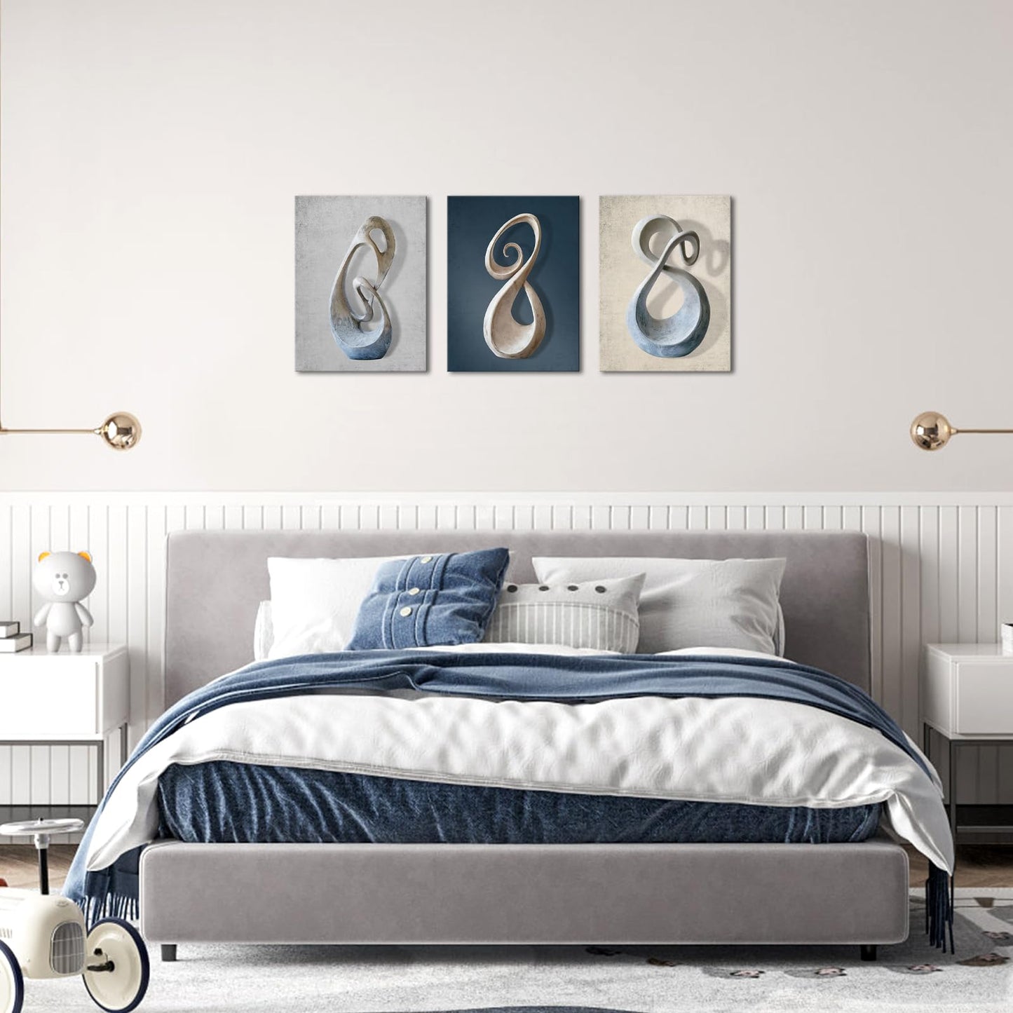 Biuteawal 3 Piece Grey Blue Sculpture Picture Abstract Geometry Canvas Wall Art Blue Print Painting Wall Artwork for Bedroom Office Living Room Decoration