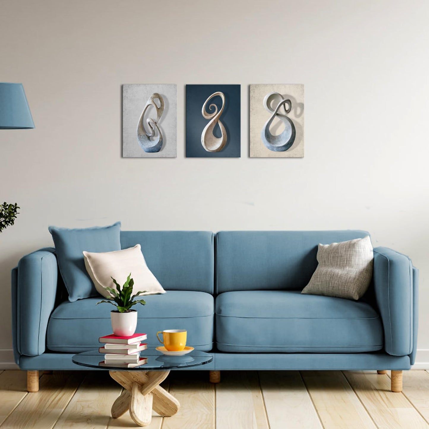 Biuteawal 3 Piece Grey Blue Sculpture Picture Abstract Geometry Canvas Wall Art Blue Print Painting Wall Artwork for Bedroom Office Living Room Decoration