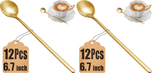 12 Pcs Coffee Spoons Set, 6.7" Gold Tea Spoons Long Handle, Gold Small Teaspoons, Stainless Steel Espresso Spoon, Long Spoon for Stirring, Coffee Bar Accessories (Pack of 2)