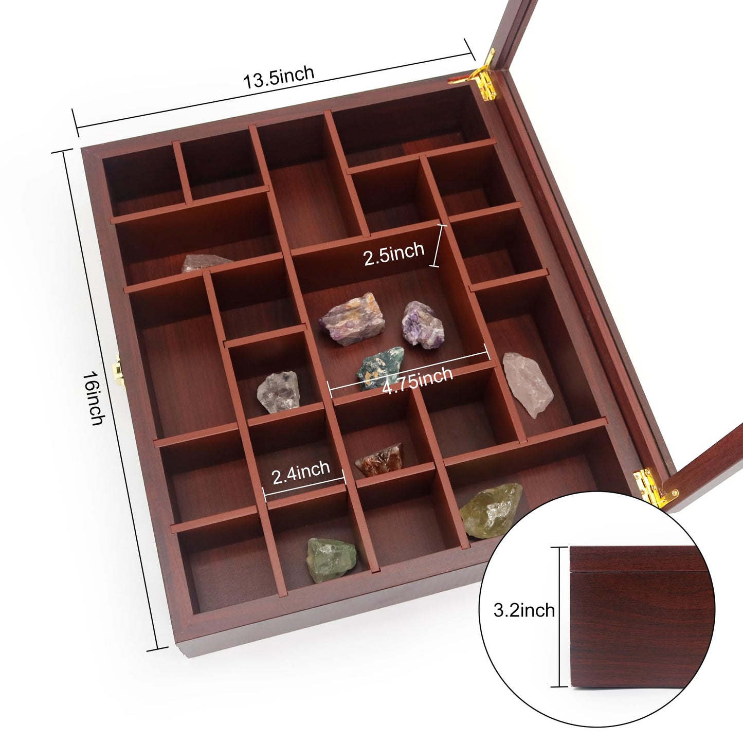 FramePro Rock Display Case - Adjustable Mineral Collection Box with Glass Lid, Wooden Cabinet for Rock, Fossil, Crystal, Seashell Collections - Geology Gift for Adults/Kids (16" x 13.5", Brown)
