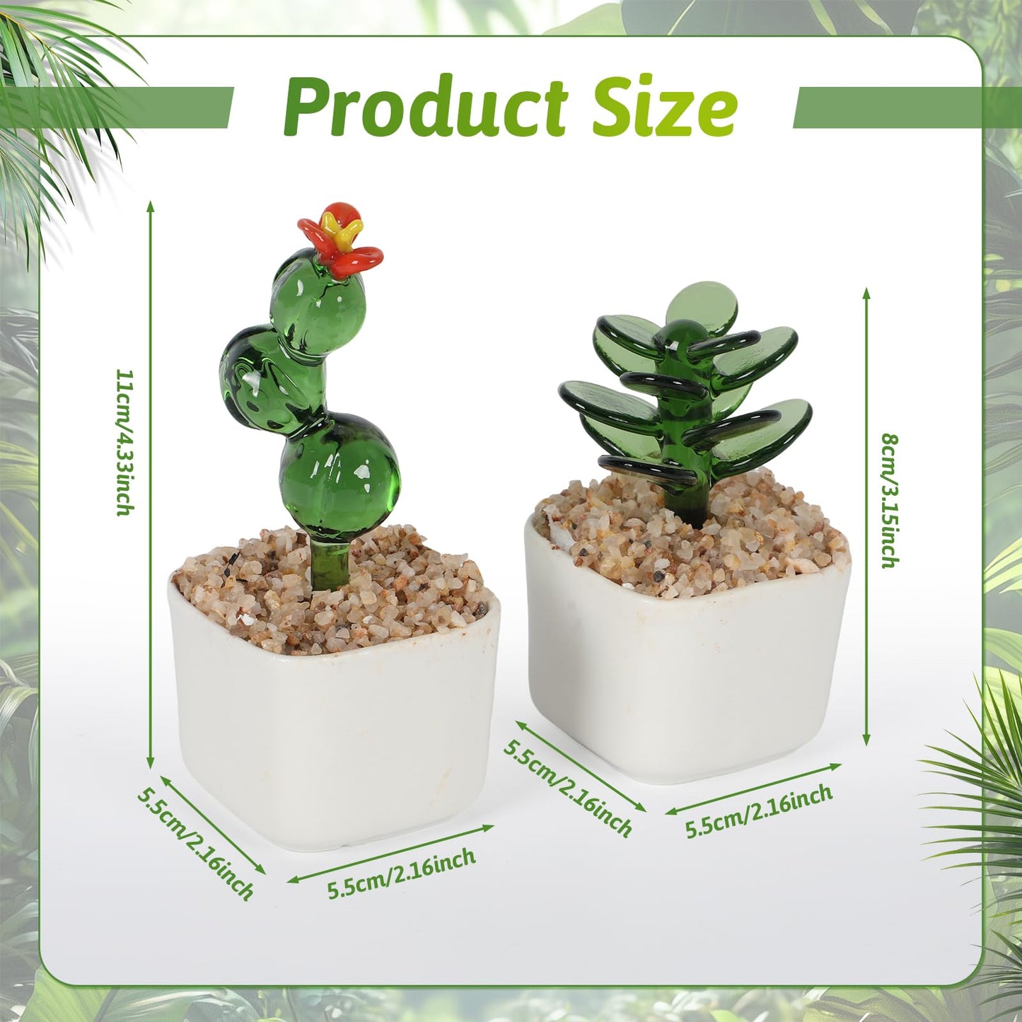 2PCS Decorative Glass Cactus Figurine in White Ceramic Pot, Cactus Desk Accessories, Plant Bonsai Figurine Decoration, Cactus Decor Use for Living Room, Balcony, Desk, Idea Gift for Succulent Lovers