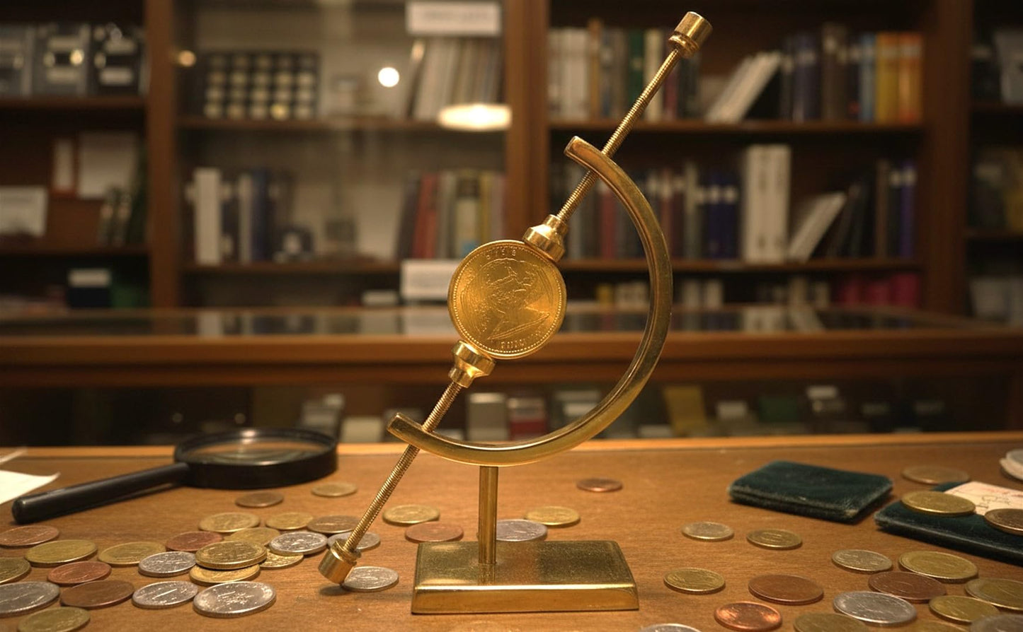 Clearco Artifact Display Stand Coin holder, Caliper Style Mineral and Sphere Display Stand For Minerals, Ornaments, Gems, Shells, Coins, Spheres, Artifacts, etc., Brass, 6 inches