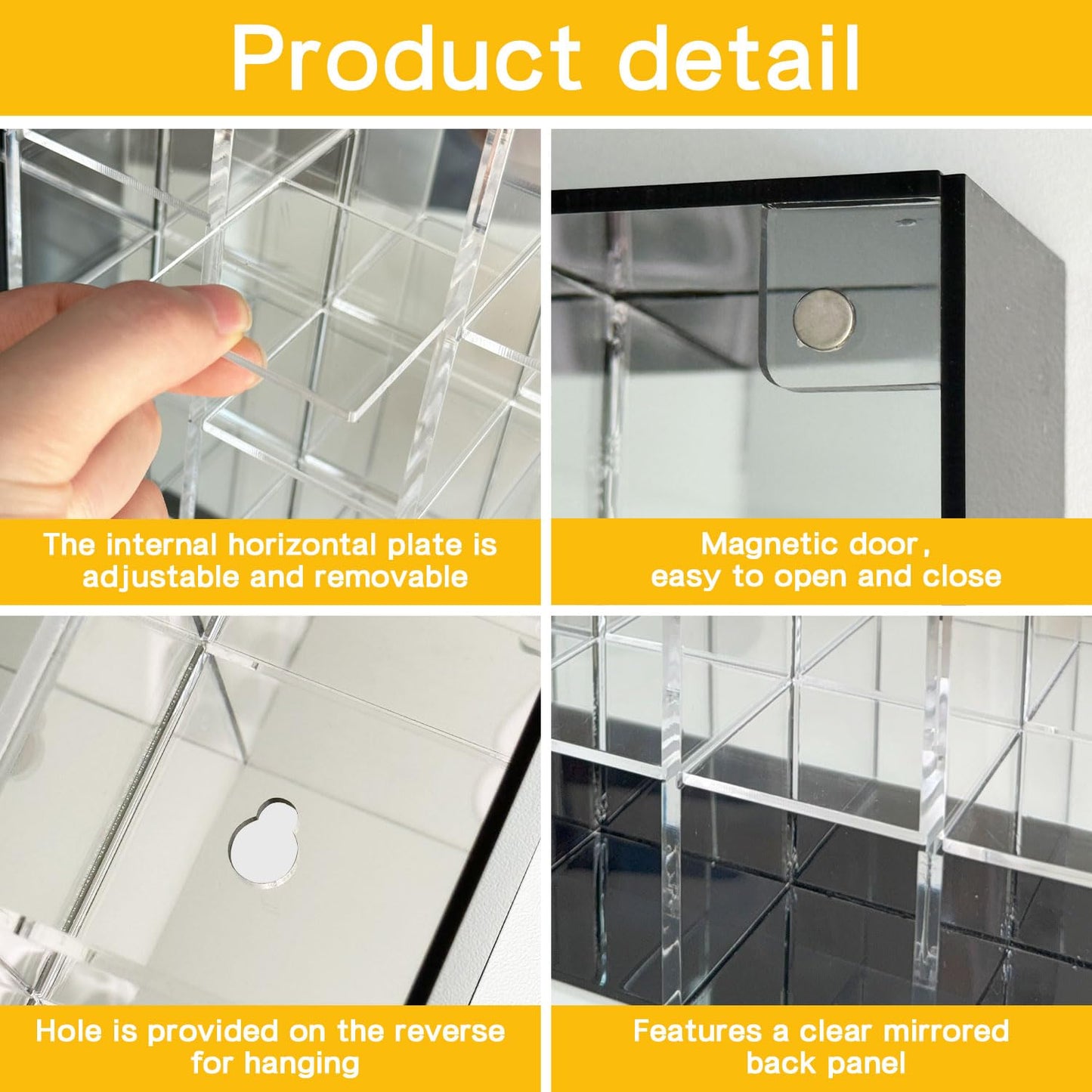 Adjustable Display Case Rock Acrylic Box with Mirror Back,Wall Mountable,30 Grid Crystal Collection Shelf Storage for Minerals,Gems,Jewelry,Wall Crusher Stone Clear Shadow Cabinet Cases Collectibles