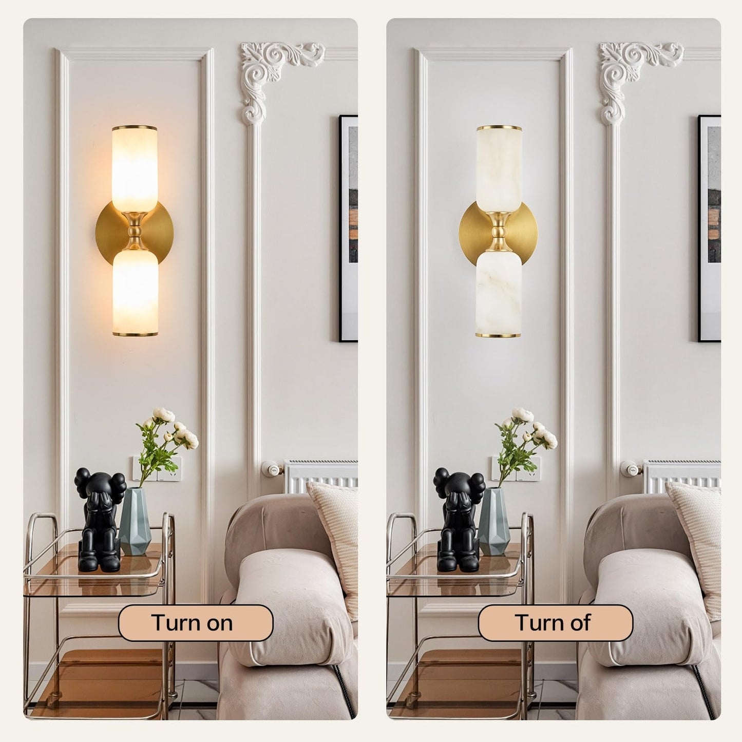 Fanyank 14.2Inch Natural Alabaster Wall Sconce, Nordic Style Natural Stone Wall Lamp, Marble Lampshade Up and Down Lighting Fixtures for Bedroom Living Room Kitchen Stairs Gold
