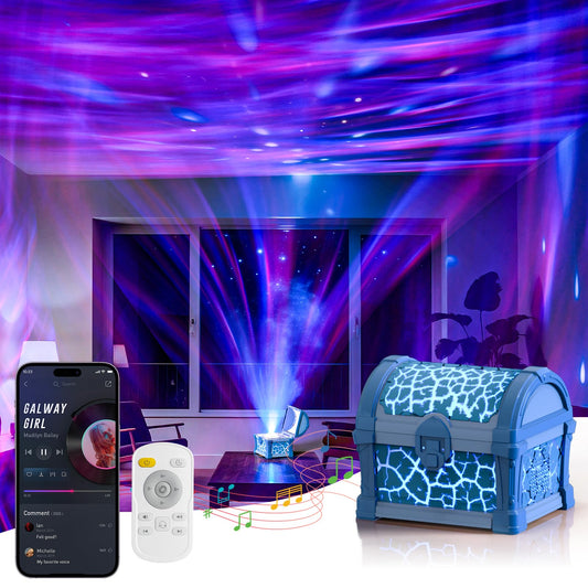 Northern Light Galaxy Projector Treasure Chest Projection – Aurora Projectior with White Noise and Bluetooth Speaker, Night Light Boy Room Decor, Gift for Kids Teen (Blue)