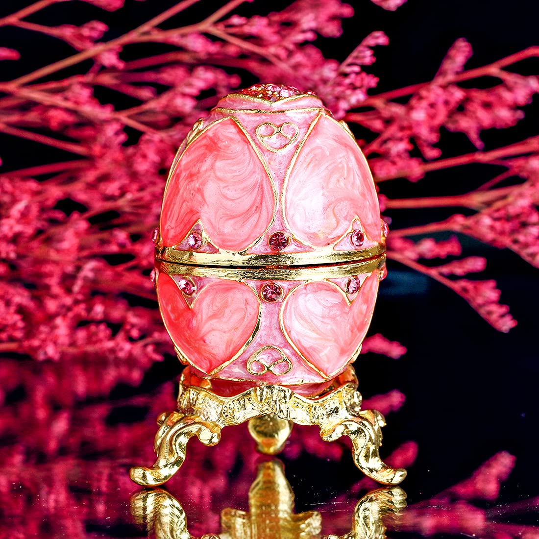 YU FENG Faberge Egg Trinket box Jewelry Box Hinged Collectible Rhinestones Jeweled Painted Enameled Decorative Egg (Pink)