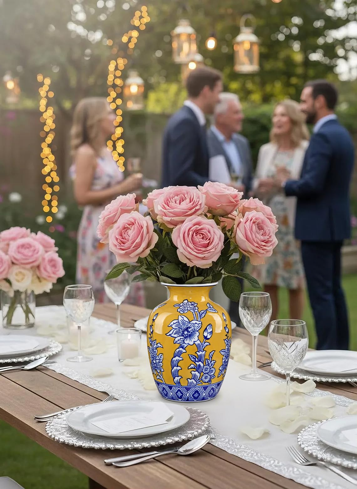 Blue and Yellow Ceramic Vase, 8.4" Tall Chinoiserie Flower Vase Decor with Wide Mouth, Royal-Inspired Decorative Porcelain Vases for Centerpieces, Table, Shelf & Home Decor, Wedding, Housewarming Gift