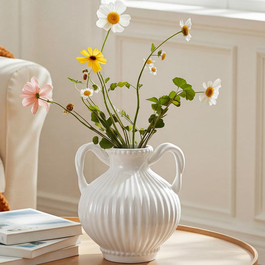 Didaey Ivory Ceramic Vase with 2 Handles 8.5" French Flower Vase Vintage Rustic Decorative Vases for Dining Table Living Roomshelf Office Kitchen Decor