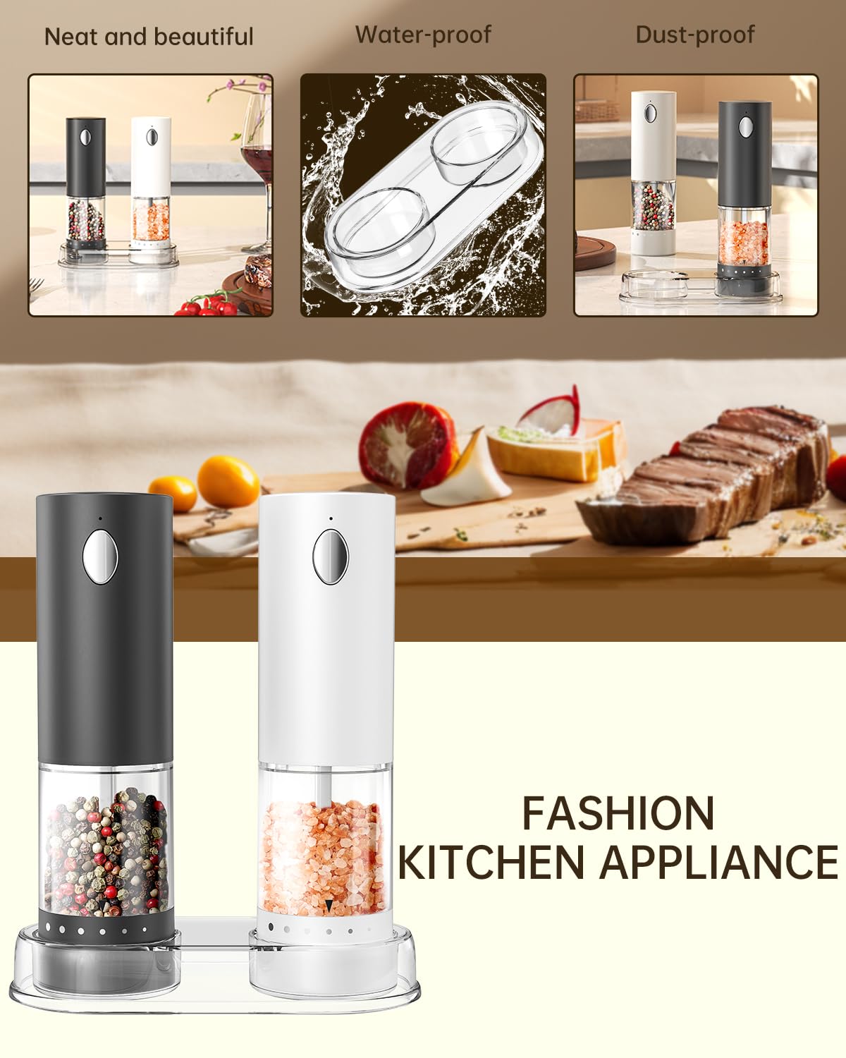 CIRCLE JOY Electric Salt and Pepper Grinder Set Rechargeable Salt and Pepper Mills with 6-Level External Adjustable Coarseness, White LED Light and Storage Base, Black & White