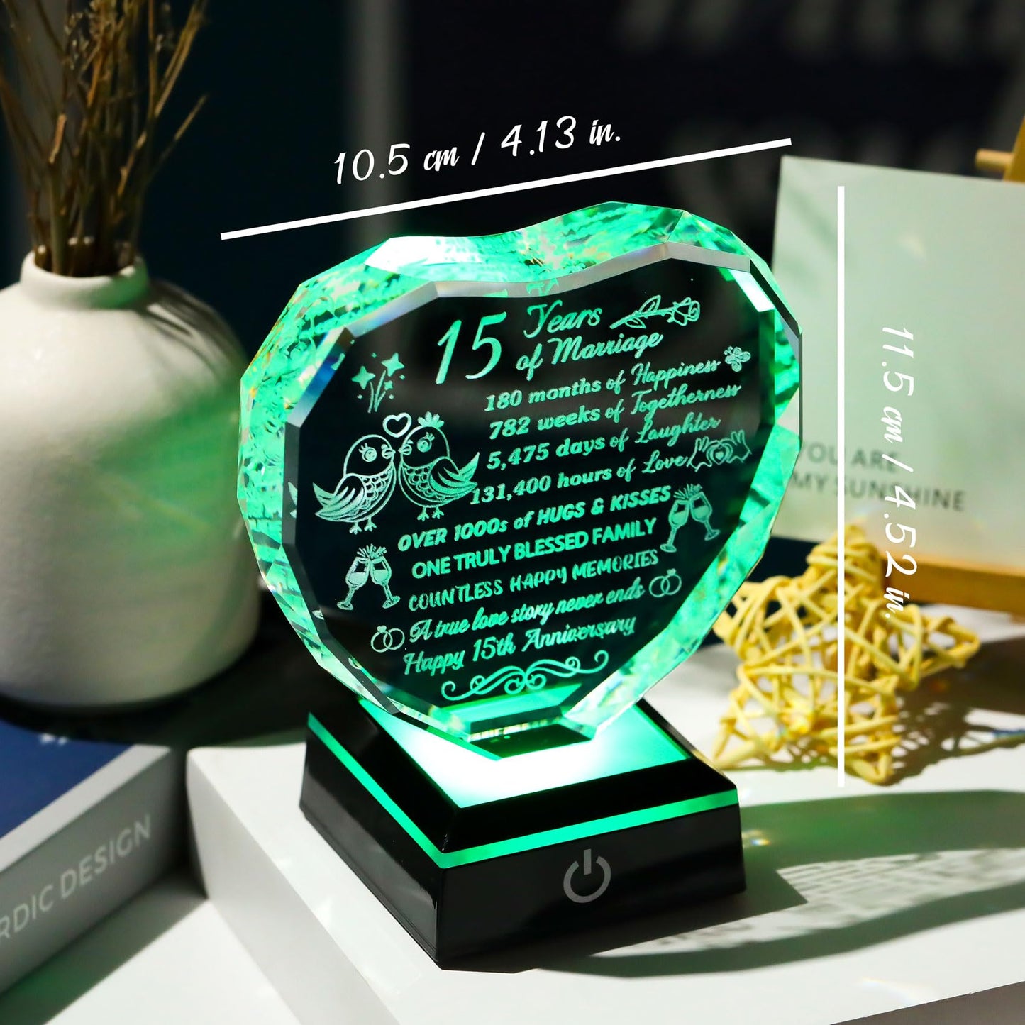 Arikyrist 15th Wedding Anniversary Crystal Heart Keepsake with Multicolor LED Base – Romantic 15 Years Marriage Gift for Couples Wife Husband Ideal Present for Christmas Valentine's Day