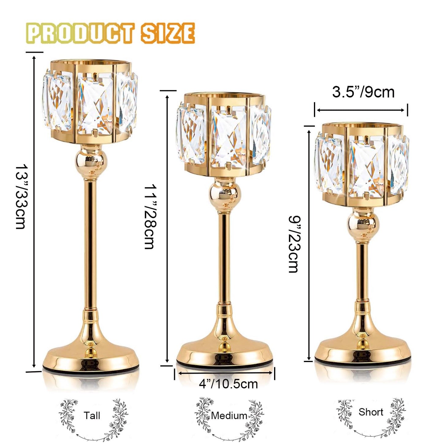 Set of 3 Cup Crystal Tealight Candle Holders, Centerpieces for Table Wedding Centerpieces Crystal Decorative Tealight Candle Dining Table Candle Holder Decor for Party (8.7"+10.6"+12.2", Gold)