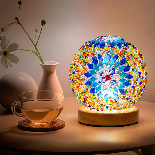 Soilsiu Turkish Mosaic Lamp, 3 Color Temperature Tiffany Bedside Lamp with USB Power, Moroccan Glass Lantern Table Lamp for Living Room Decor, Simple Control (D:4.7" x H:5.2") (Blue1)
