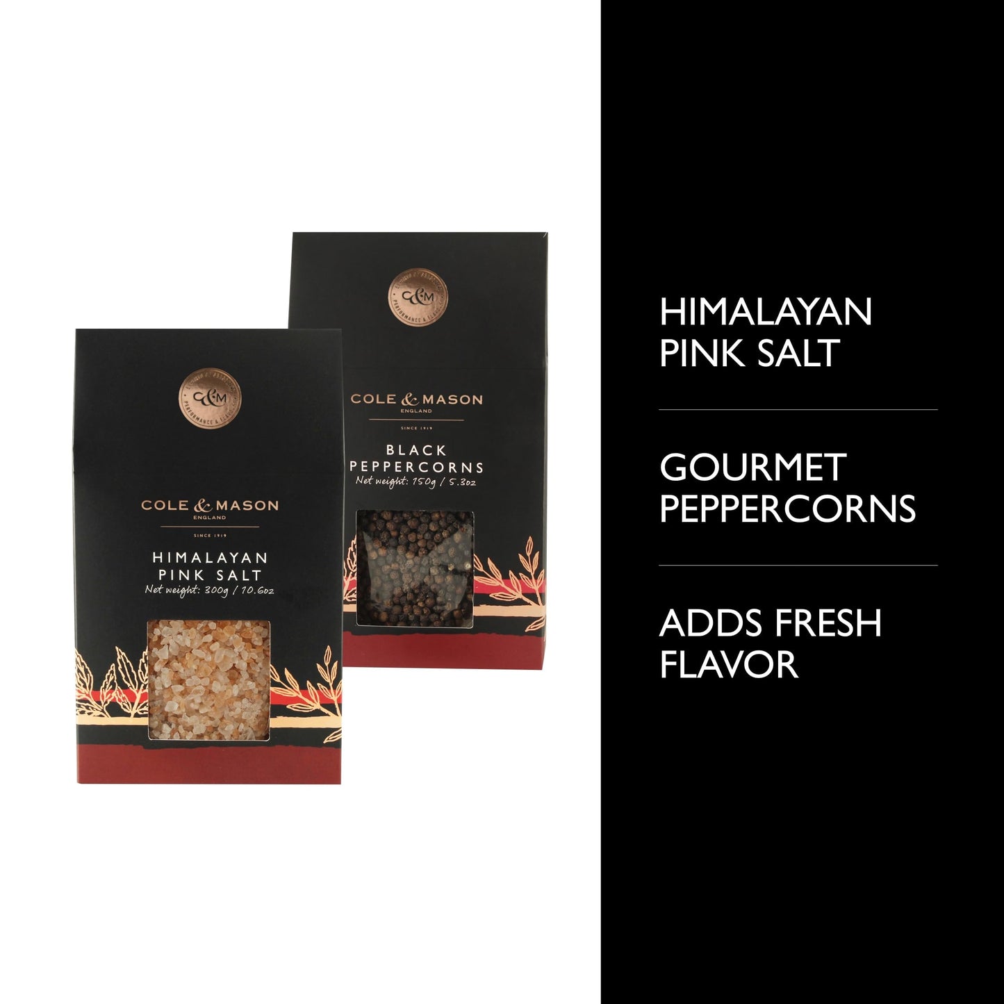 Cole & Mason Gourmet Spice Refill Box - Pairs Well with Chicken, Beef, Pork & More - Peppercorn Refill for Salt & Pepper Mill Grinder - Himalayan Pink Salt & Black Pepper 15.9 Oz Box Set