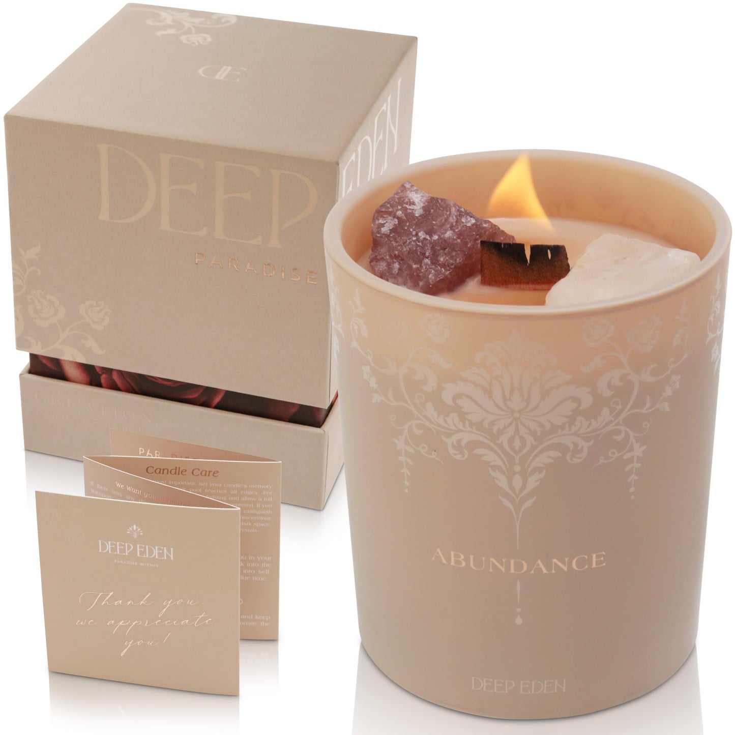 Luxury Crystal Candle for Women - Velvet Rose & Patchouli Scented Aromatherapy Candle - Manifestation Candle with Strawberry and Clear Quartz Crystals -7.4oz Natural Coconut, Soy Wax Wood Wick Candles