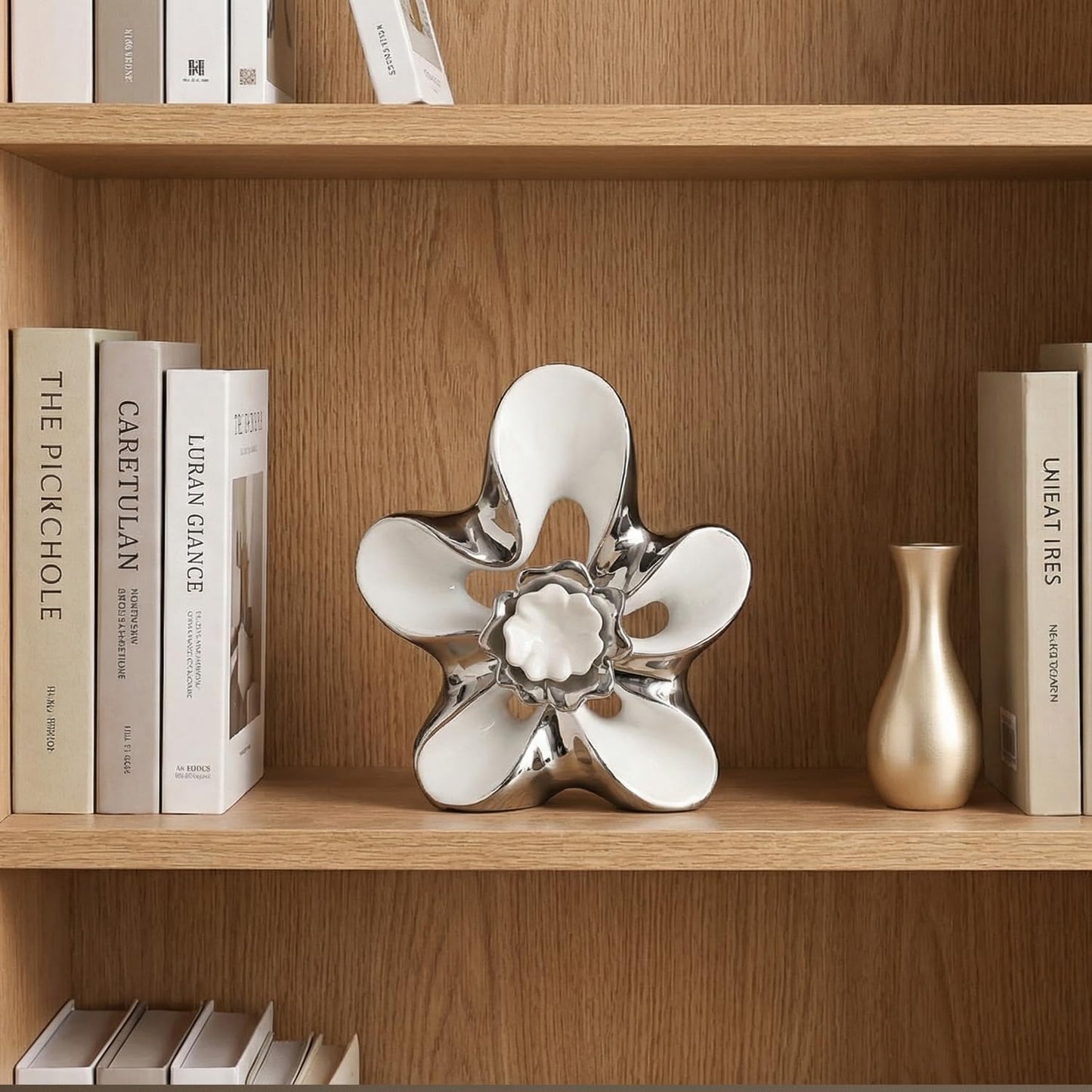 Dneuoir Ceramic Statue Home Decor Aesthetic Abstract Flower Sculpture Modern Decorative Statues for Living Room Bedroom Bookshelf Desktop Dinging Table Centerpiece Office(White and Silver)