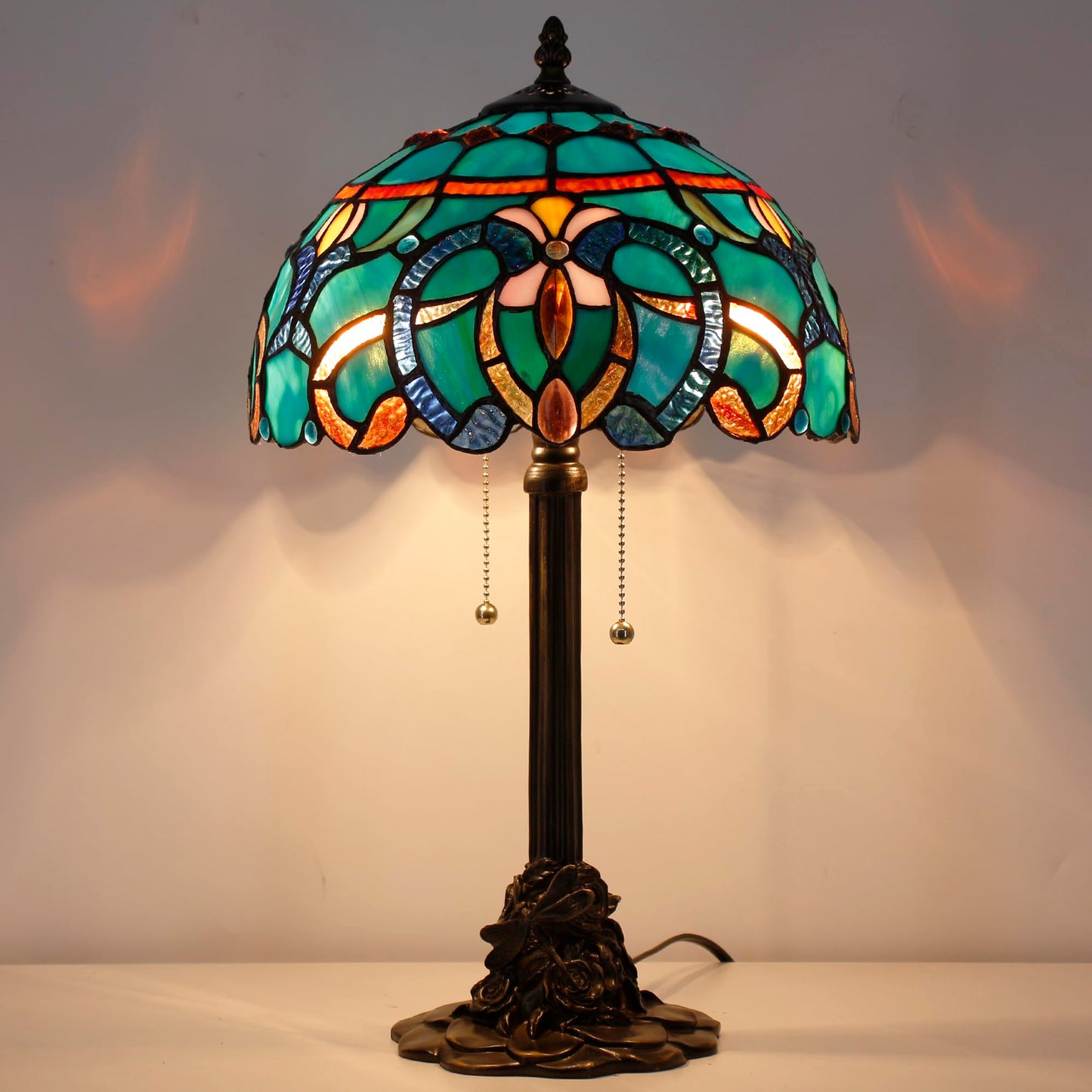 ANYONGLU Tiffany Table Lamp Stained Glass Desk Lamp 12X12X21Inch Resin Base for Bedroom Living Room Reading Light (Brown Jewelry Baroque)