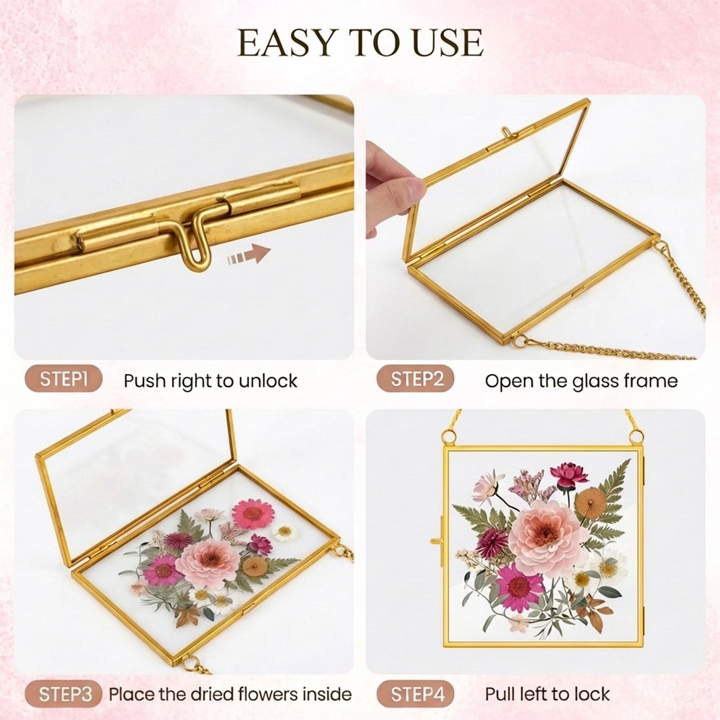 OINETRK 12 Pcs Brass Glass Frame for Pressed Flowers with Chain Clear Double Glass Floating Artwork Display Frame for Photo Gifts Wall Decor with Dried Plant Leaf, 6 Shapes