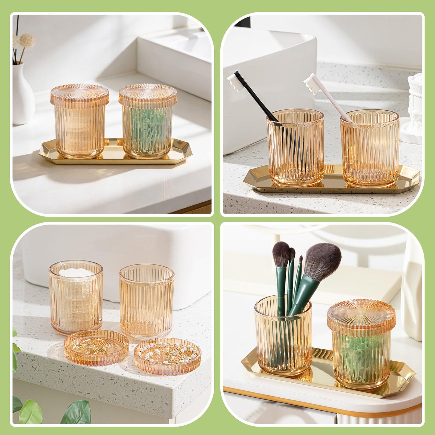 Yiyiring 2 Pcs Crystal Glass Candy Jars Set with Lids and Stainless Steel Vanity Tray, Q tip Holder, Apothecary Jars, Glass Bathroom Accessories Organizer, Esthetic Modern Bathroom Decor(Amber)