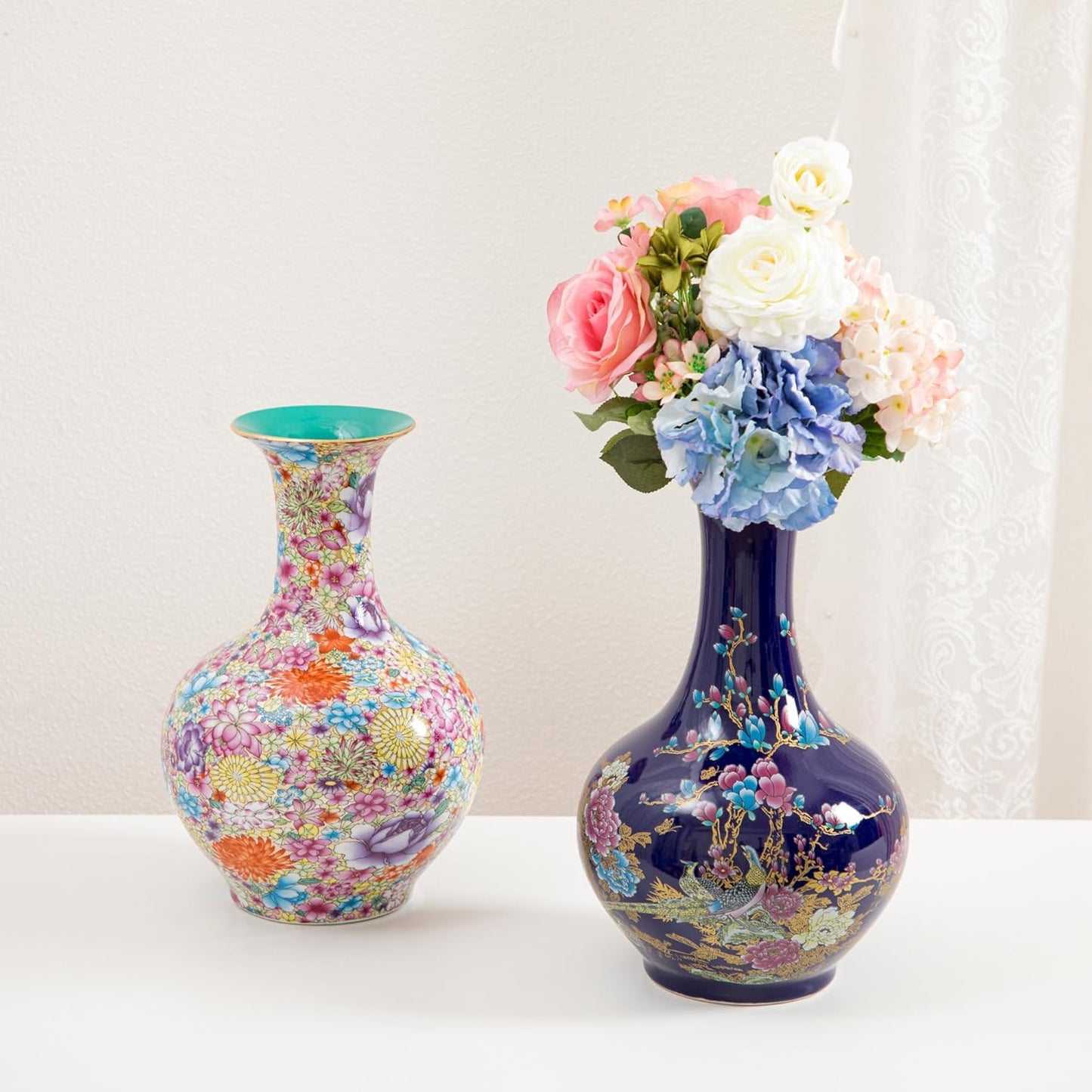 SILINE 14” Large Gorgeous Porcelain Vase,Jingdezhen Art Decor Big Vase,China Handmade Ceramic Flower Bottle -Blue