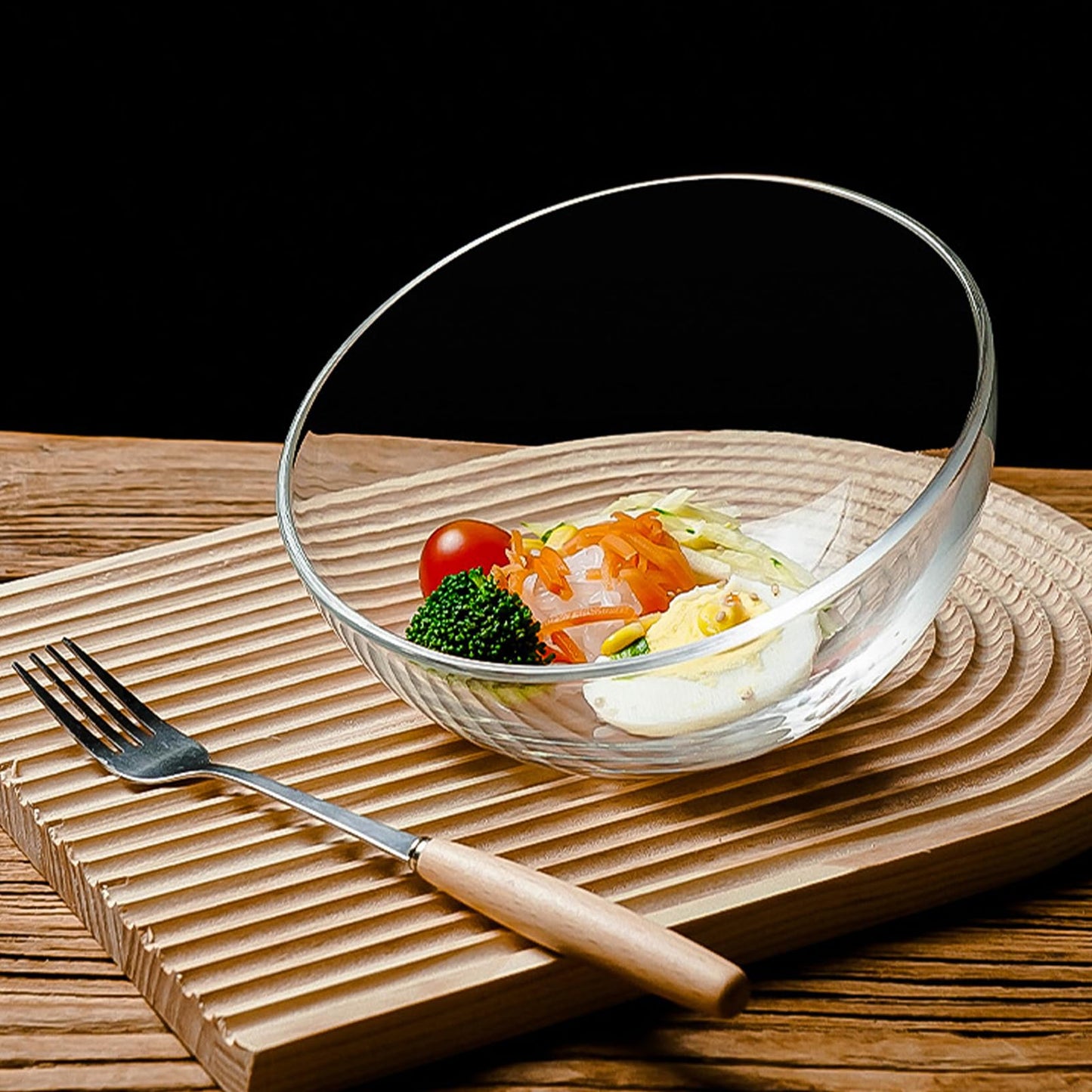 HNJZX Glass Prep Bowls,Clear Glass Slant Cut Tilted Angled Bubble Ball Decorative Serving Salad Bowl for Kitchen Microwave (800ML+450ML)