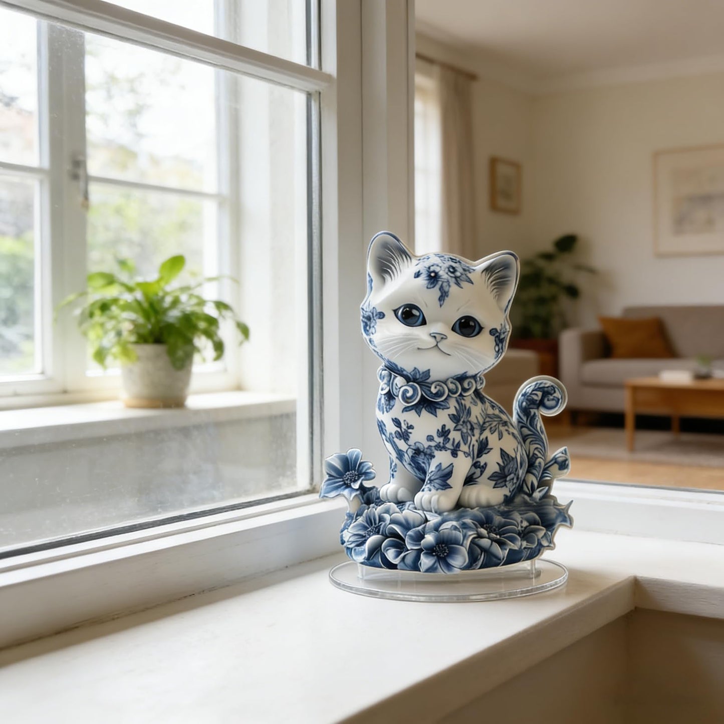 Desktop Standee, Rotatable Elf Acrylic Stand, 2D Flat Art Fairy and Peacock Tabletop Decorative Ornament, Home Study Room Bookshelf Office Creative Decor Supplies (Blue and white porcelain-cat)