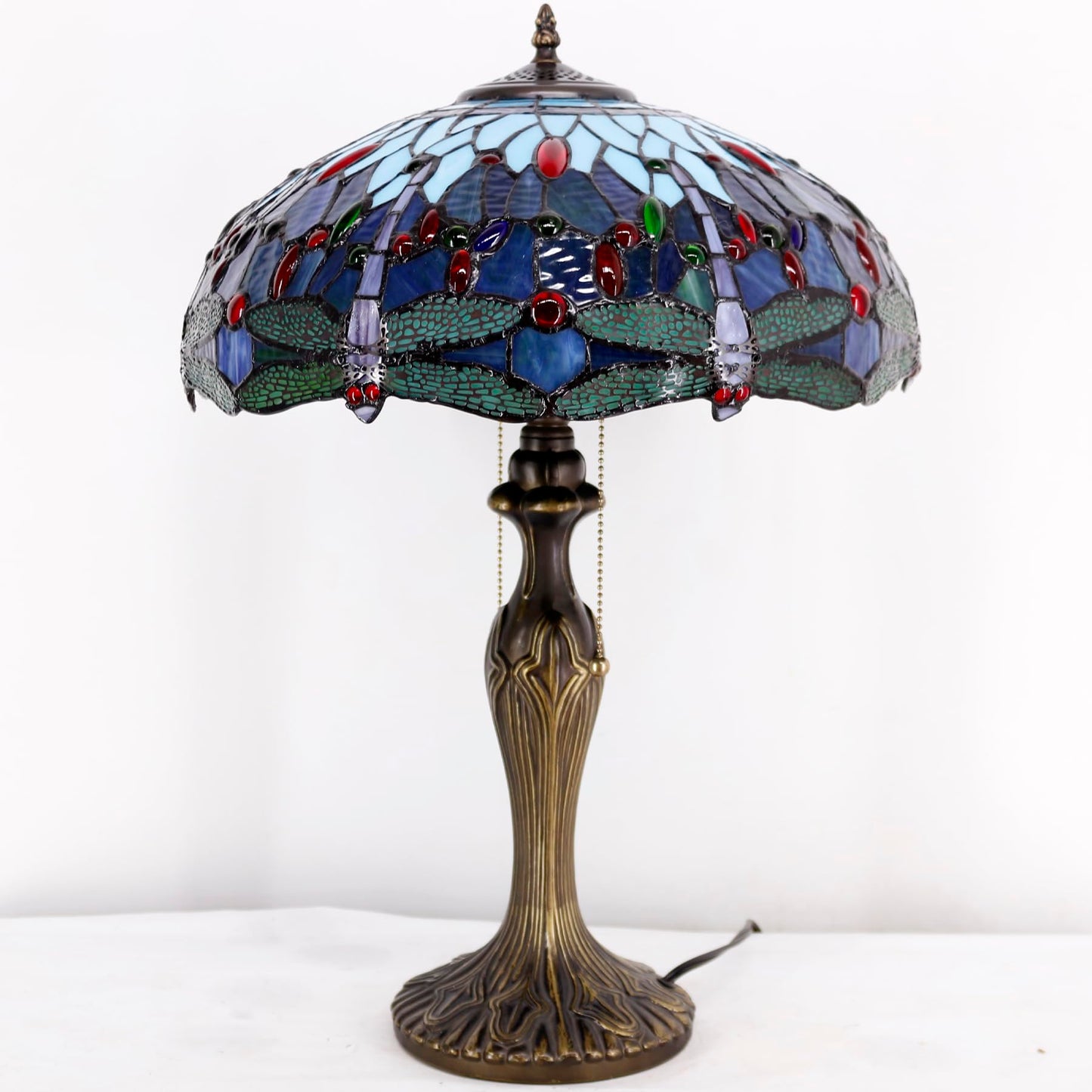 WERFACTORY Tiffany Style Table Lamp Blue Stained Glass Dragonfly Bedside Desk Reading Light Metal Base 16X16X24 Inches Decor Bedroom Living Room Home Office S004 Series