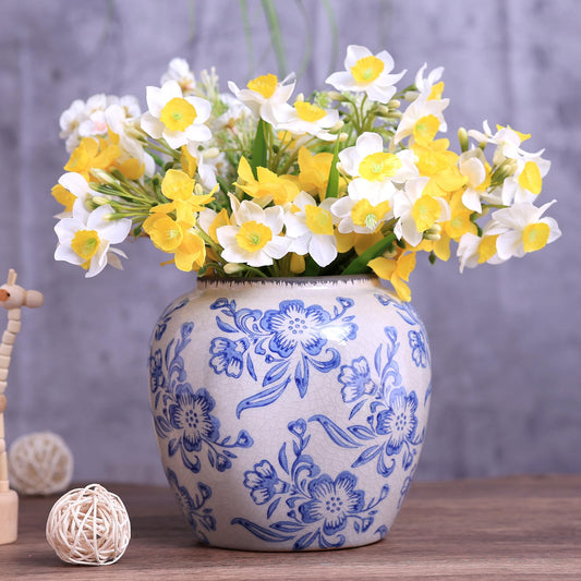 KEEWIIT Blue and White Ceramic Vase, Vintage Porcelain Vase with Crackle Glaze, Farmhouse Rustic Oriental Decorative Centerpiece for Living Room, Dining Table, Entryway, and Bookshelf (Classic Belly)