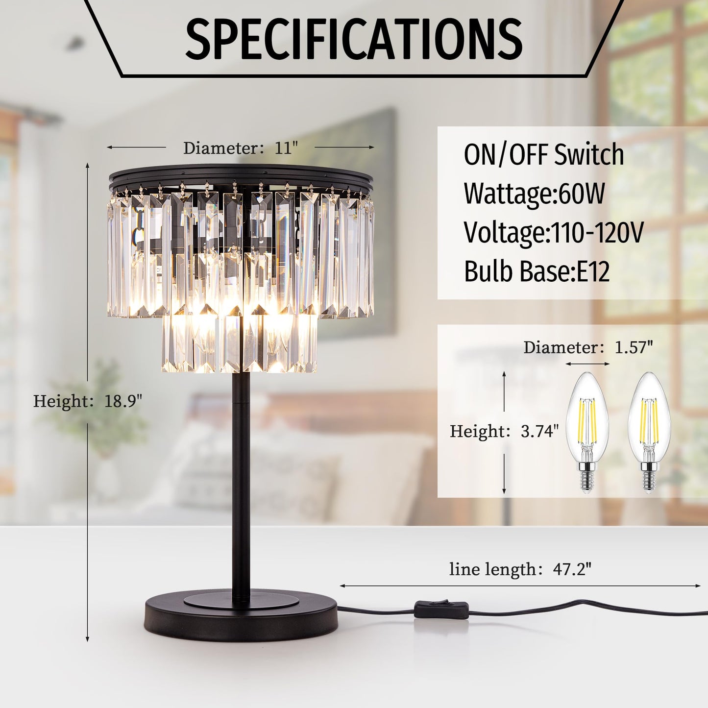 Wellmet 3 Lights Crystal Table Lamp, Bedside Lamp for Bedroom