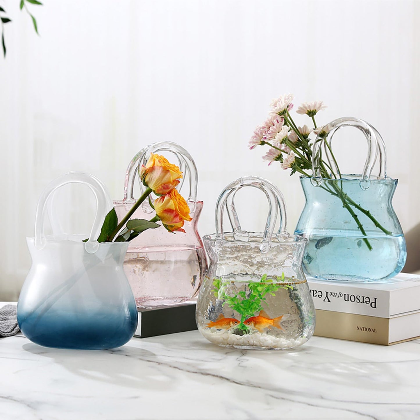 Glass Vase with Elegant Purse Design, Hand Purse vase with Fish Bowl, Unique Flower Vase with Handle and Bubbles - for Home Decor/Office/Garden/Wedding Decor/Enterpiece/Events (Purse Blue A)