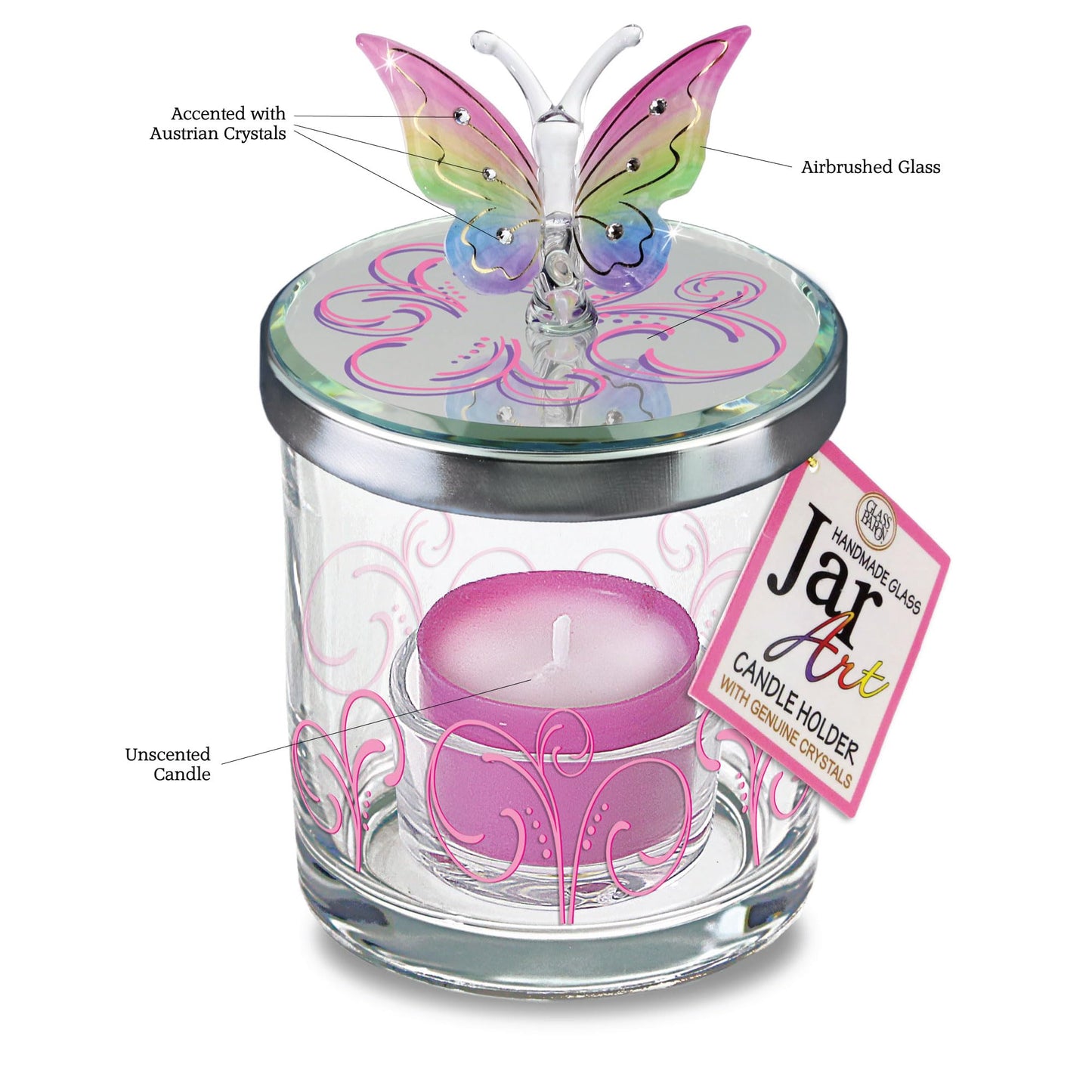 Glass Baron Candle Holder Jar, Blown Glass Rainbow Butterfly Lid with Austrian Crystal Accents, 5.5 x 3 inches