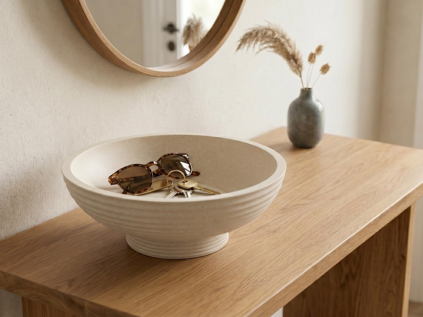 GLIMSDEER Minimalist Decorative Pedestal Bowl, 11.2''D Resin Horizontal Stripes Catch All Bowl for Keys, Candles, Boho Large Dish for Coffee Table Centerpiece, Entryway Console Table, Beige White