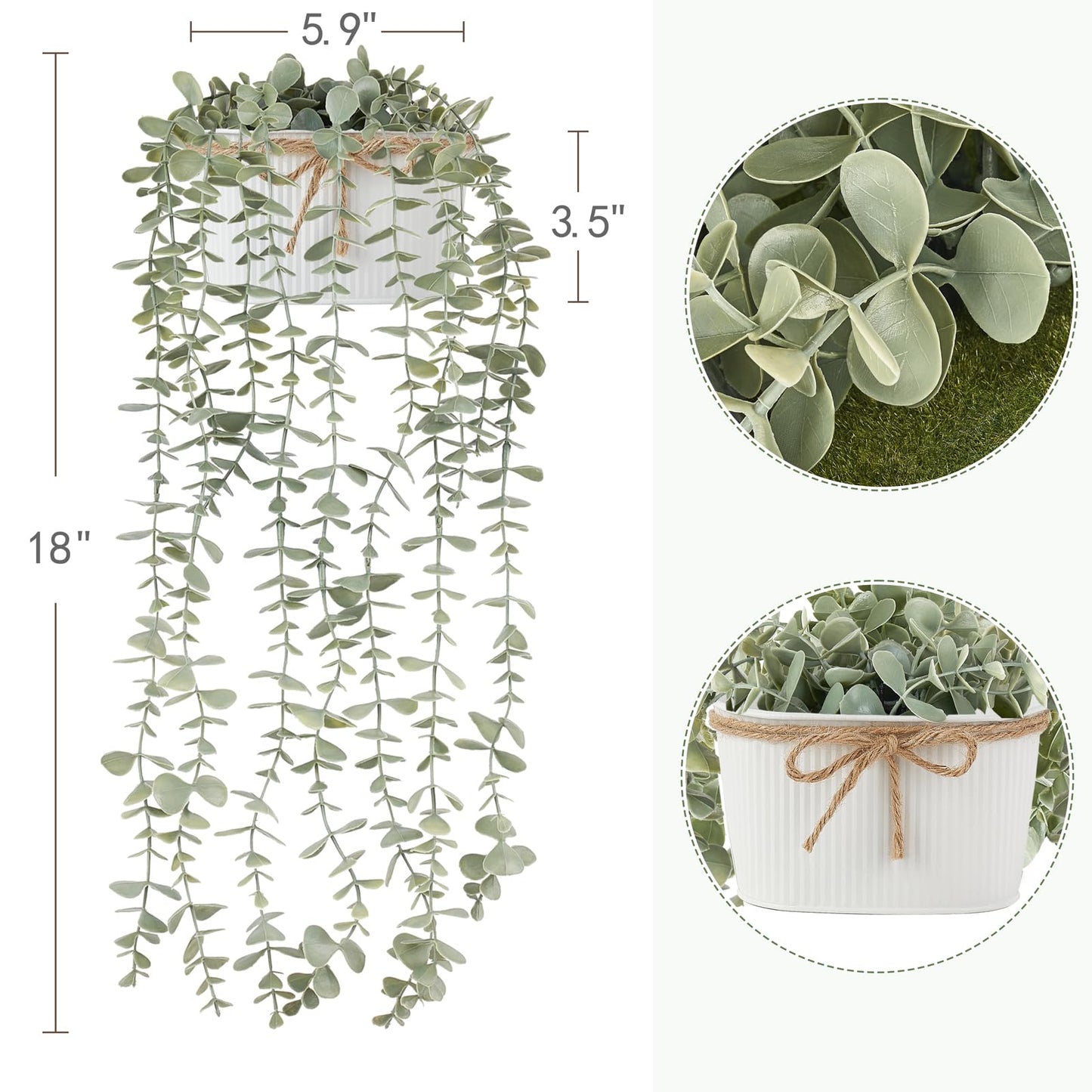 Mkono Fake Hanging Plants in Farmhouse Galvanized Pots Rustic Faux Potted Eucalyptus Greenery Indoor Artificial Plants for Book Shelf Mantel Living Room Bathroom Bedroom Home Office Decor (1, White)