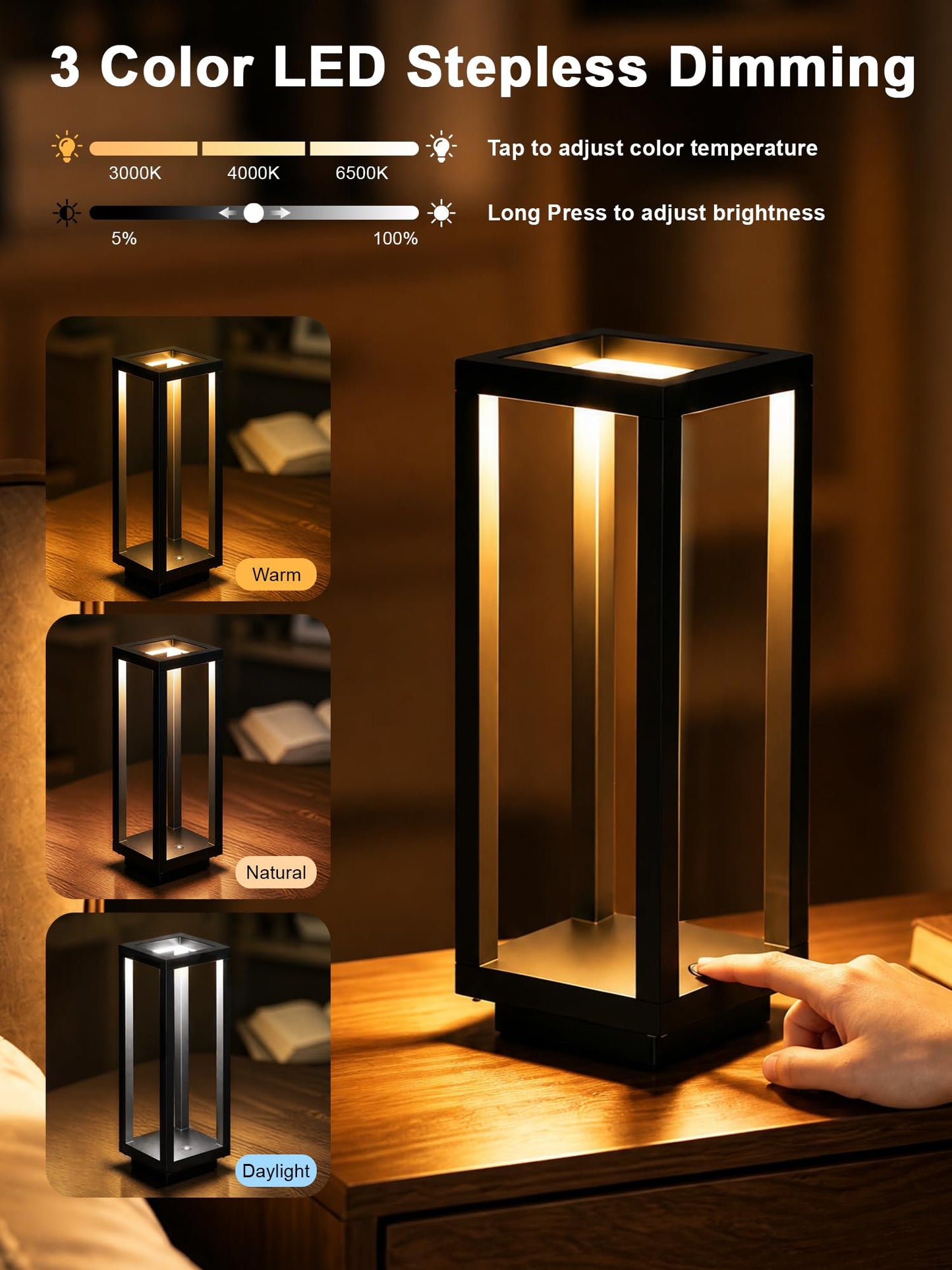 LOZNDA 2PCS Cordless Table Lamp, 250H Runtime Modern Rechargeable Table Lamp, Waterproof Battery Powered LED Table Lamp with Stepless Dimming for Bedroom Outdoor Dining Patio, IP54, Black