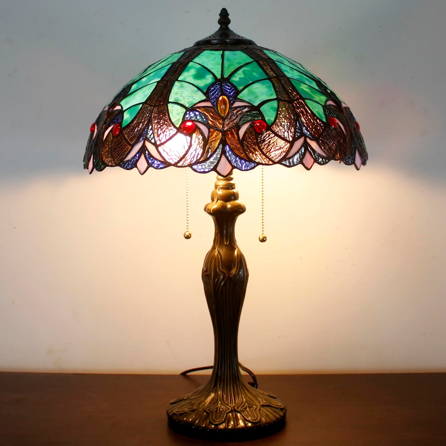 WERFACTORY Tiffany Style Lamp Green Stained Glass Bedside Table Lamp 24"