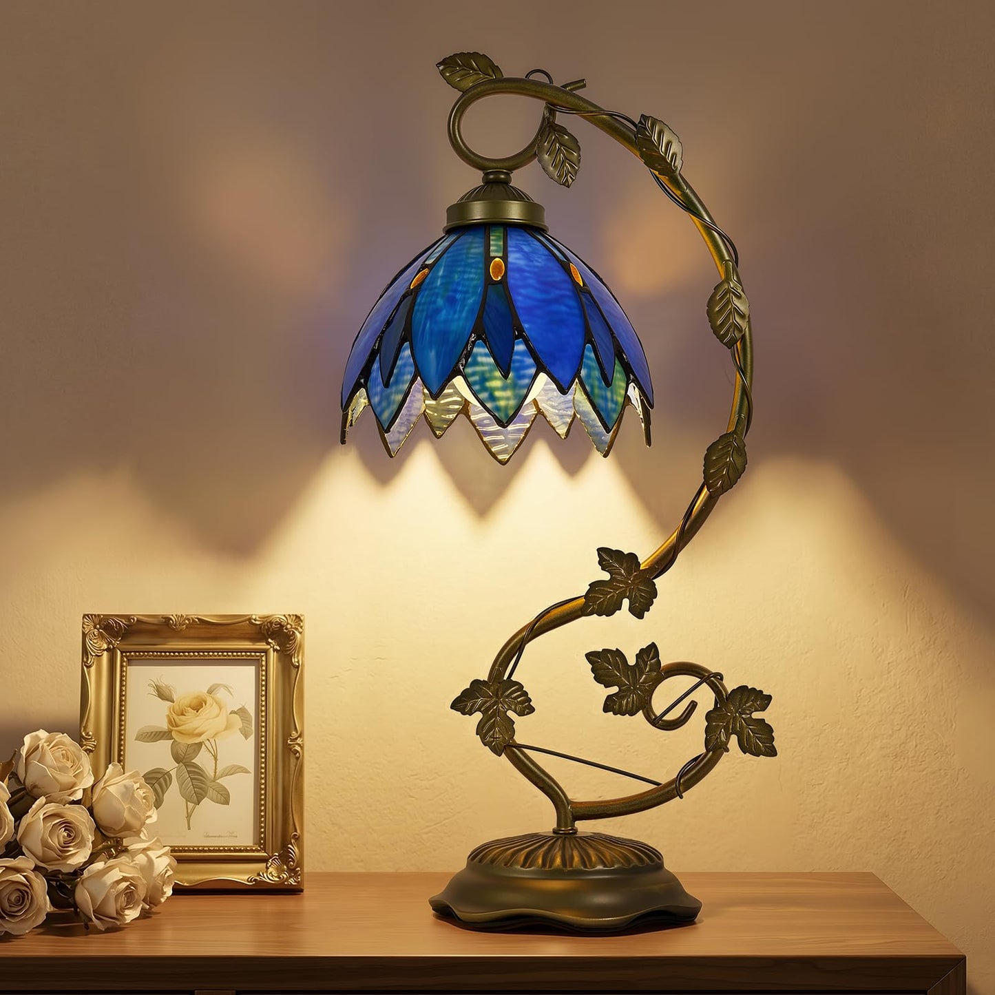Drqvonth Tiffany Table Lamp, Blue Petal Stained Glass, Metal Leaf Base