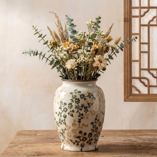 Ferrochef Ceramic Flower Vases Decorative Vintage Porcelain Vase Chinoiserie Pottery Vase for Centerpiece Farmhouse Home Decors, Bookshelf, Living Room, Office(Elegant,Green and Beige,Large)