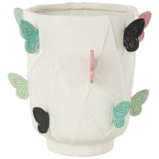 Deco 79 Ceramic Butterfly Decorative Vase Wide Centerpiece Vase with Multicolor Accents, Flower Vase for Home Decoration 11" x 11" x 11", White