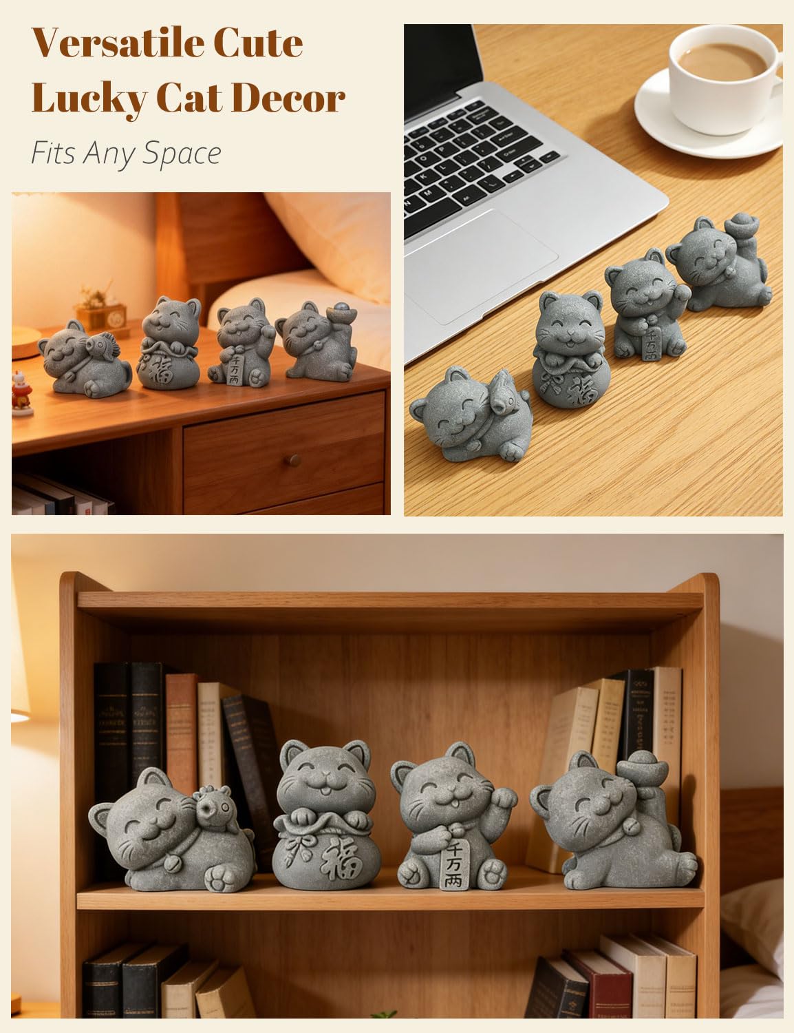 BEIZHAN 4 Piece Cute Lucky Cat Statue Set, Sandstone Feng Shui Fortune Figurines, Wealth & Good Luck Desk/Garden Decor for Home Office