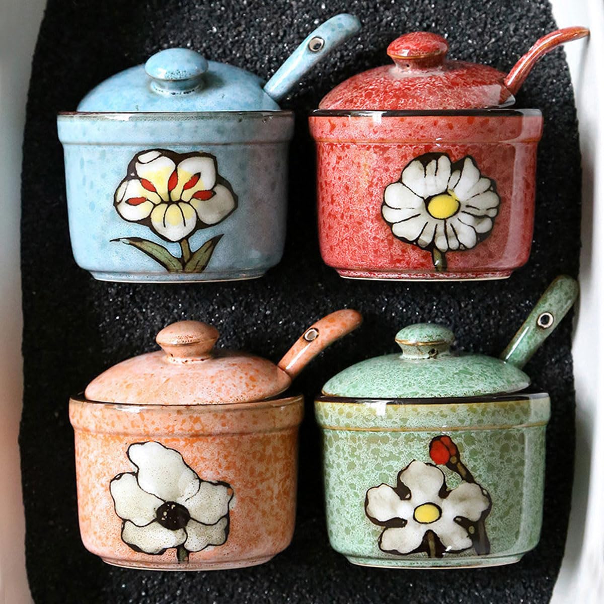 Soyestan Handmade Ceramic Sugar Bowl with Lid and Spoon, 9oz Porcelain Condiment Jar with Hand-Painted Floral Design, Colorful Seasoning Container for Sugar, Salt, Spices Kitchen (Green)