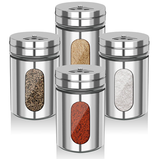 4 PCS Stainless Steel Salt and Pepper Shakers with Adjustable Pour Holes – Elegant Glass and Metal Spice Shakers for Coarse, Kosher, Sugar, Cinnamon, and Spices