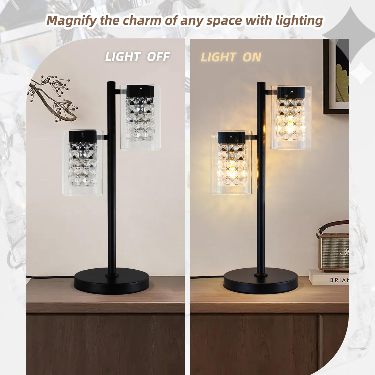 TYhogar Crystal Table lamp-Modern Black Lamps for Living Room,Plug in Bedside Lamps with Switch,Elegant Desk lamp for Room Decor,Bedroom,Dining Room,23" Tall