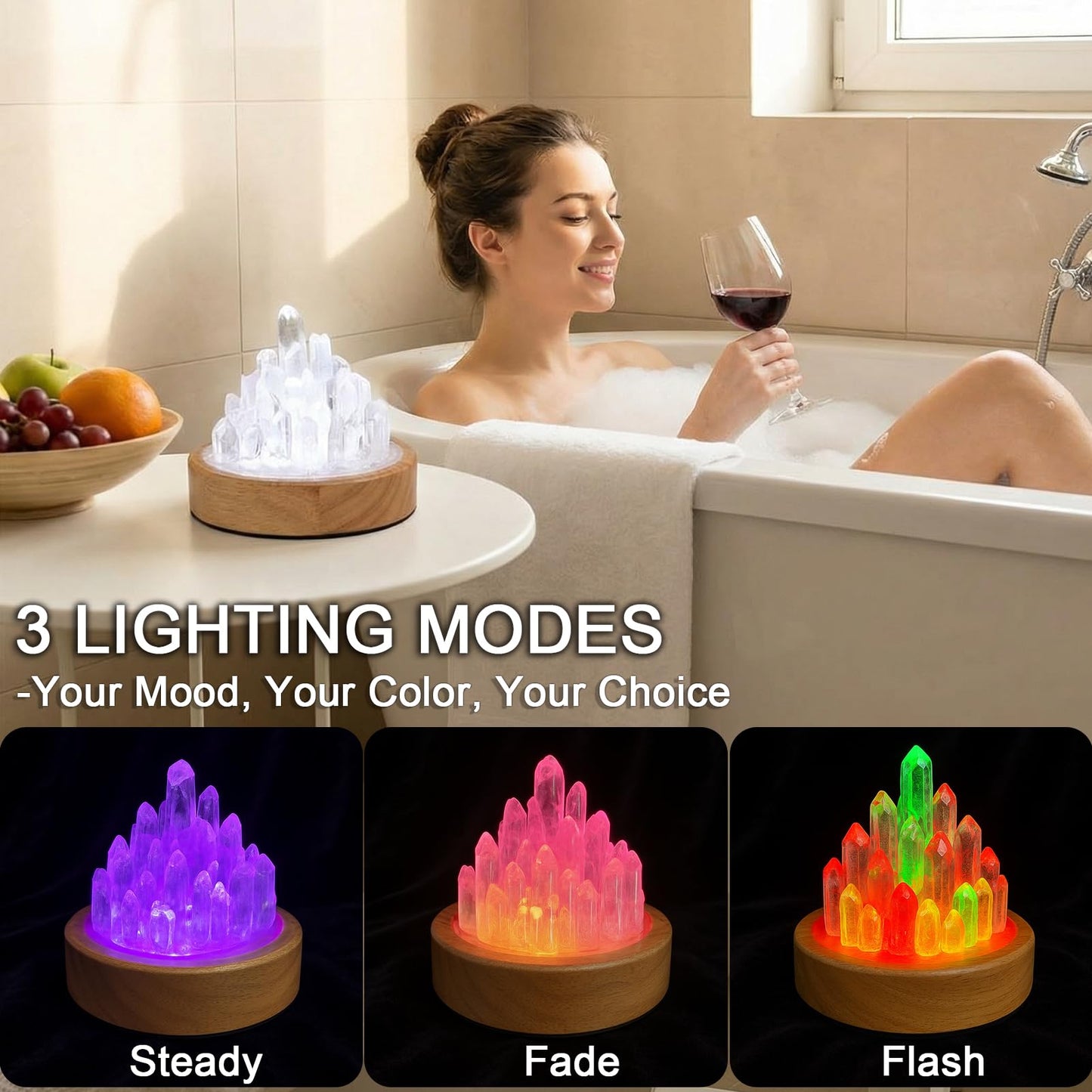 HayBaroda Clear Quartz Night Light - Healing Crystal Night Light Natural Crystal Bedside Lamp with Wooden Base, USB Port, Soft Warm Glow for Bedroom, Nursery, Office & Home Decor