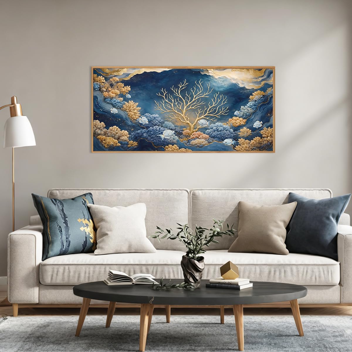 HPNIUB Blue Dreamy Underwater Framed Canvas Wall Art 40"x20"