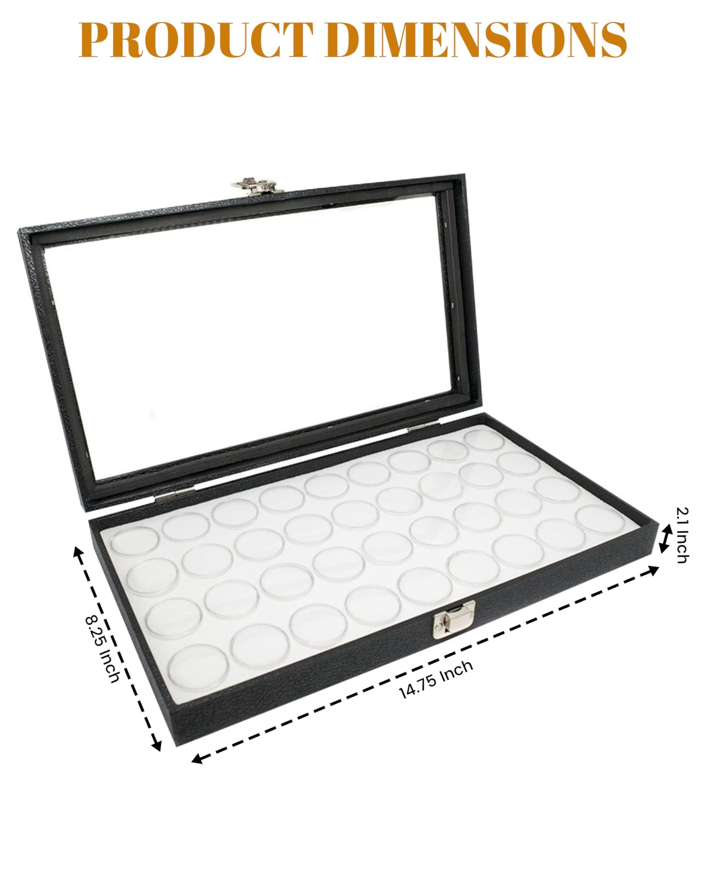 Novel Box Gem Display Case 14.75x8.25x2.1 + Medium Size 36 Gems Jars | Fossil Display Case with Lid & White Tray Foam Liner | Rock Storage Box with Metal Clasp | Display Cases for Collectibles