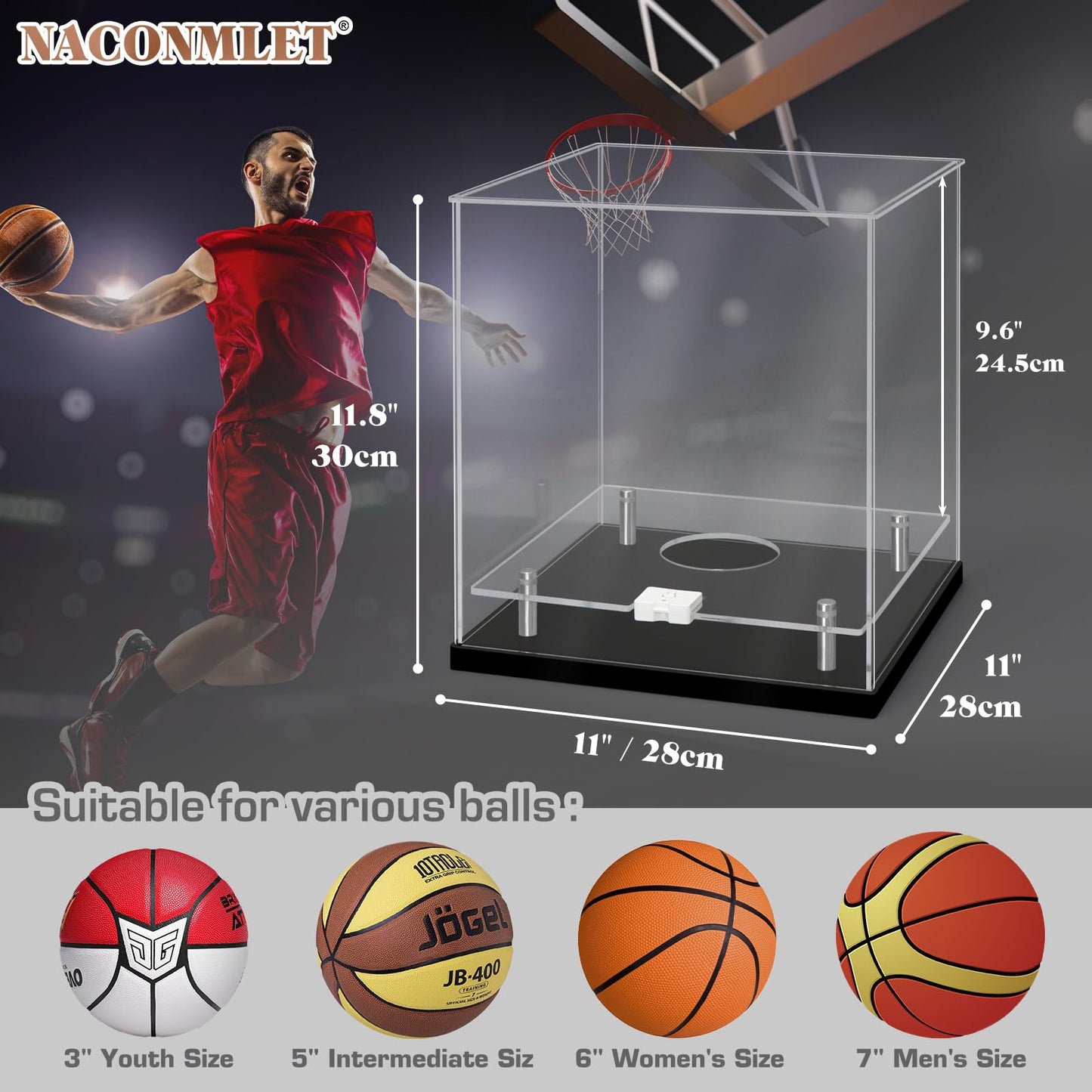 Naconmlet Clear Acrylic Basketball Display Case with LED Light - Fits Official Size 7 Autographed Ball, UV Protected Double Layer Showcase Stand Holder for Fans & Sports Collectibles