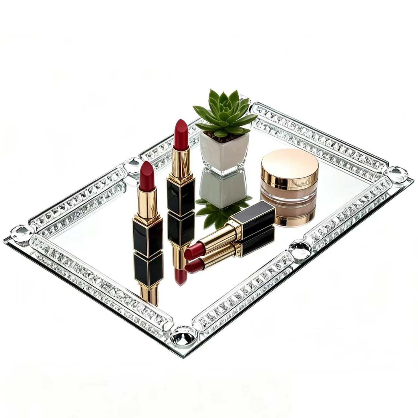 Large Silver Mirror Crystal Perfume Tray, Crushed Diamond Filled Glass Vanity Jewelry Trinket Trays, Cosmetic Makeup Vanity Organizer, for Home Decorative, Party, Hotel Banquet, 15.7" x 11.8"
