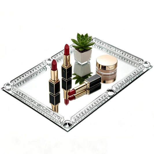 Large Silver Mirror Crystal Perfume Tray, Crushed Diamond Filled Glass Vanity Jewelry Trinket Trays, Cosmetic Makeup Vanity Organizer, for Home Decorative, Party, Hotel Banquet, 15.7" x 11.8"