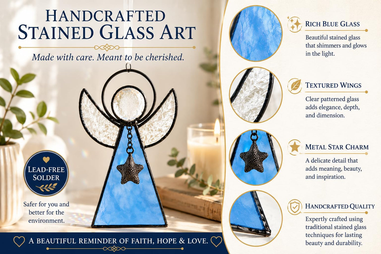 Blue Stained Glass Angel Ornament, Memorial & Guardian Angel Gift